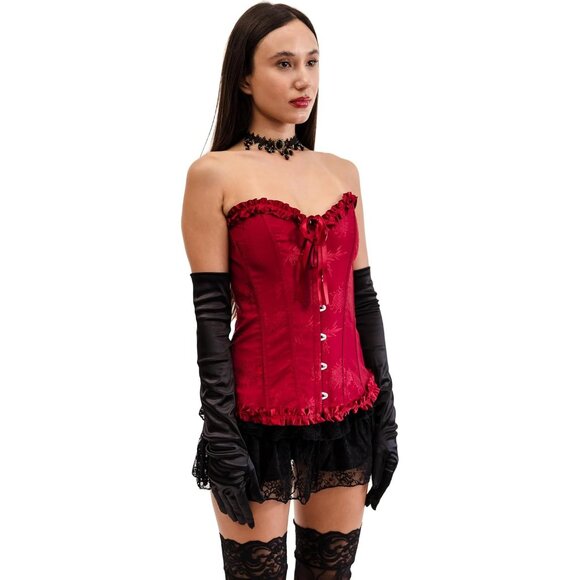 Womens Burgundy  AI Floral Corset Top Overbust Bustier Ribbon Bow Ruffle Trim - Picture 3 of 6